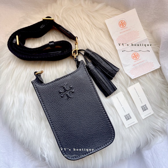 NWT Tory Burch Thea Cellphone Smartphone Pebble Leather Crossbody Black 146464 - Picture 1 of 8
